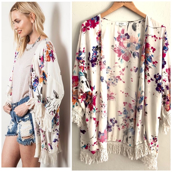 Umgee Tops - Umgee | Boho Floral Watercolor Kimono Wrap Large